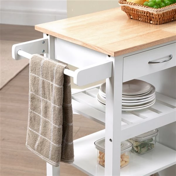 Chariot de cuisine HomCom avec base en composite blanc et dessus en bois composite (15.75-in x 36.25-in x 33-in) 4 Chariot de cuisine HomCom avec base en composite blanc et dessus en bois composite (15.75-in x 36.25-in x 33-in) – Image 4