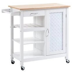 Chariot de cuisine HomCom avec base en composite blanc et dessus en bois composite (15.75-in x 36.25-in x 33-in)