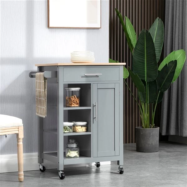 Chariot de cuisine HomCom avec base en composite gris et dessus en bois composite (19-in x 27.25-in x 35-in) 2 Chariot de cuisine HomCom avec base en composite gris et dessus en bois composite (19-in x 27.25-in x 35-in) – Image 2