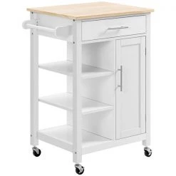 Chariot de cuisine HomCom avec base en composite blanc et dessus en bois composite (19-in x 27.25-in x 35-in)