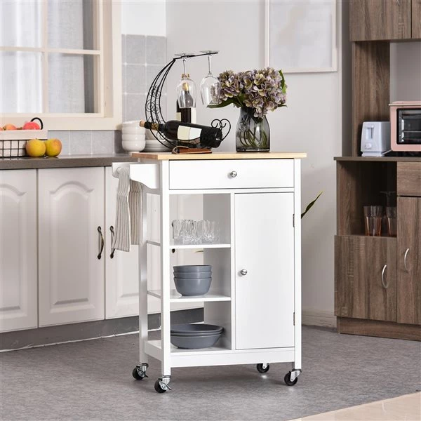 Chariot de cuisine HomCom avec base en composite blanc et dessus en bois d'hévéa (15.5-in x 26-in x 34-in) 2 Chariot de cuisine HomCom avec base en composite blanc et dessus en bois d'hévéa (15.5-in x 26-in x 34-in) – Image 2