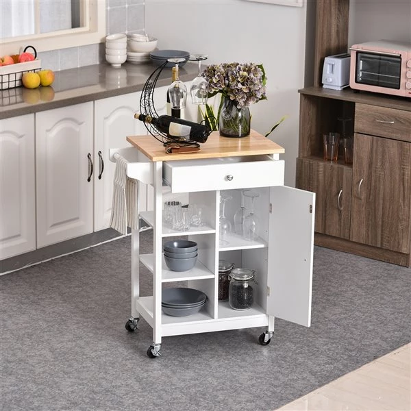 Chariot de cuisine HomCom avec base en composite blanc et dessus en bois d'hévéa (15.5-in x 26-in x 34-in) 4 Chariot de cuisine HomCom avec base en composite blanc et dessus en bois d'hévéa (15.5-in x 26-in x 34-in) – Image 4