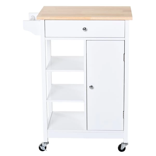Chariot de cuisine HomCom avec base en composite blanc et dessus en bois d'hévéa (15.5-in x 26-in x 34-in) 5 Chariot de cuisine HomCom avec base en composite blanc et dessus en bois d'hévéa (15.5-in x 26-in x 34-in) – Image 5
